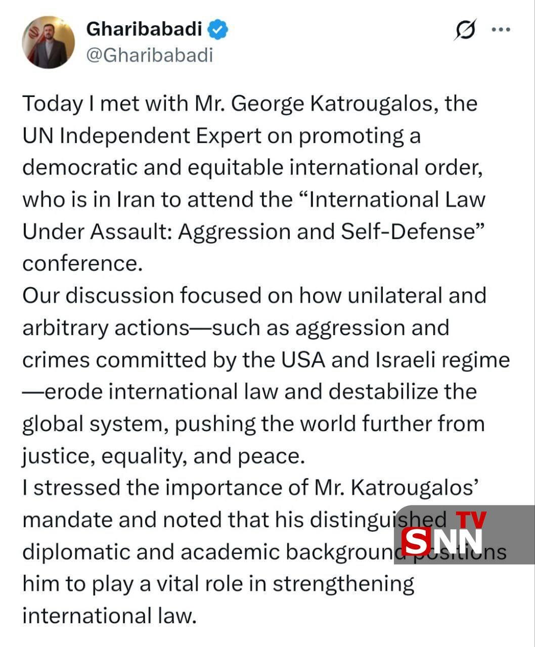 غریب‌آبادی: اقدامات یکجانبه و جنایات آمریکا و رژیم صهیونیستی نظام جهانی را بی‌ثبات می‌کند